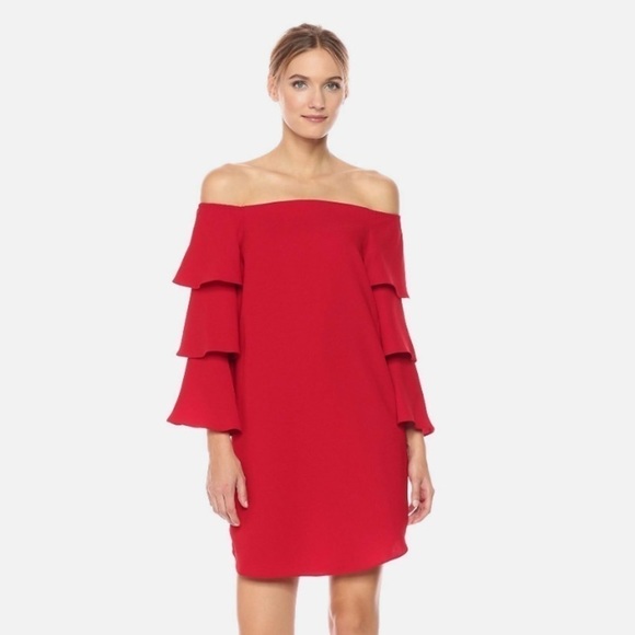 nwt Nanette Lepore Red Riding Hood Tiered Bell Sleeve off the Shoulder Dress - Picture 2 of 10